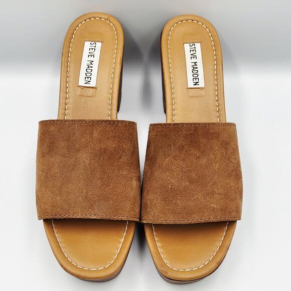 Steve Madden Fran Brown Leather Suede Wooden Platform Sandals Women's Size 10 - Picture 4 of 10